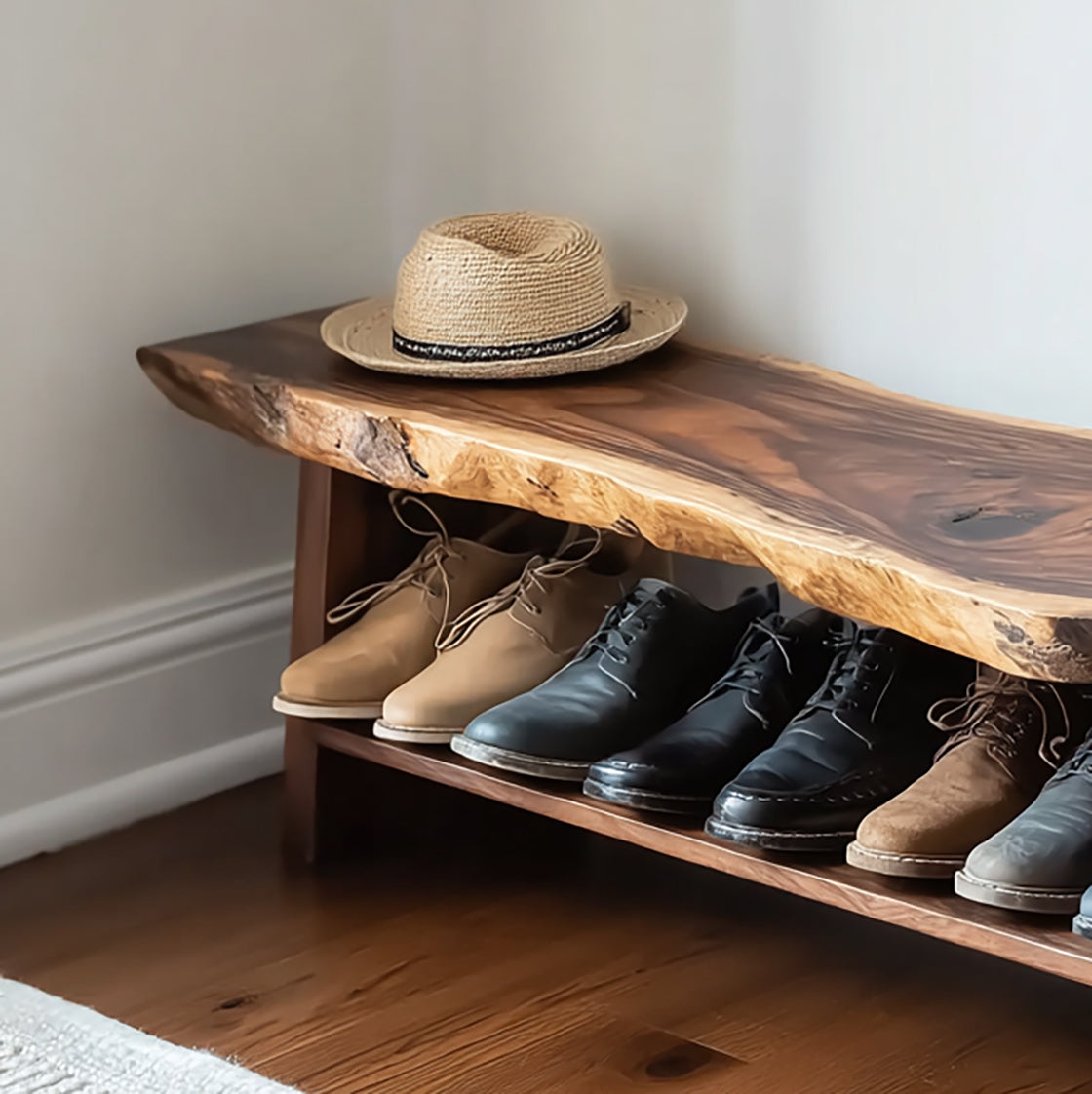 Live Edge Wood Shoe Bench – Handcrafted Entryway Bench with Storage Shelf