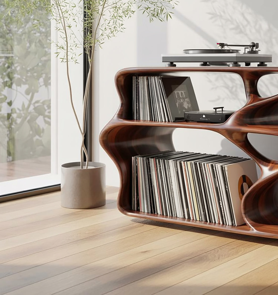 Sculptural Wooden Record Player Stand with Vinyl Storage – Organic Modern Turntable Console