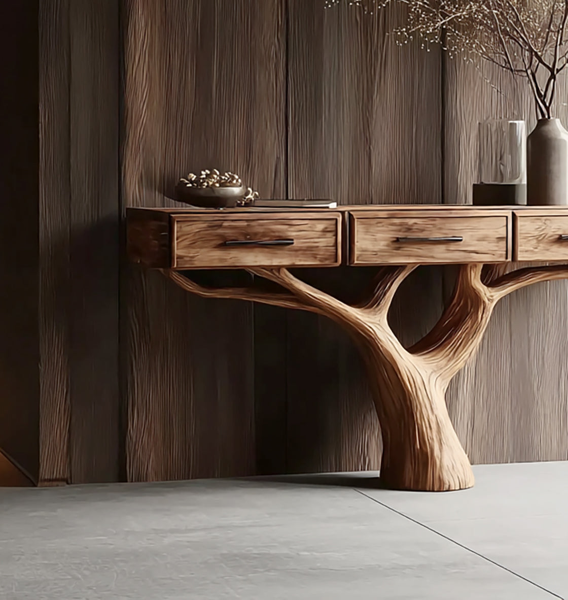 Handcrafted Natural Wood Console Table – Tree-Inspired Base for Luxury Entryway Décor