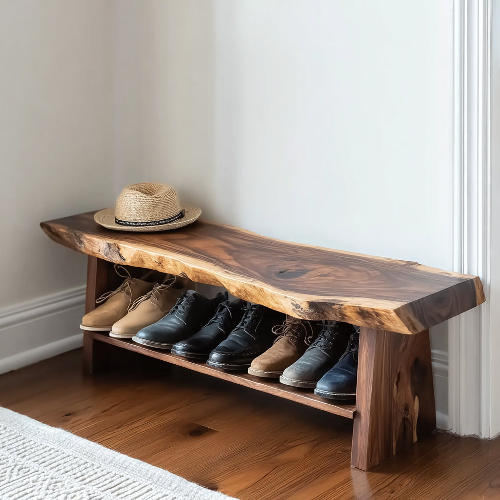 Live Edge Wood Shoe Bench – Handcrafted Entryway Bench with Storage Shelf