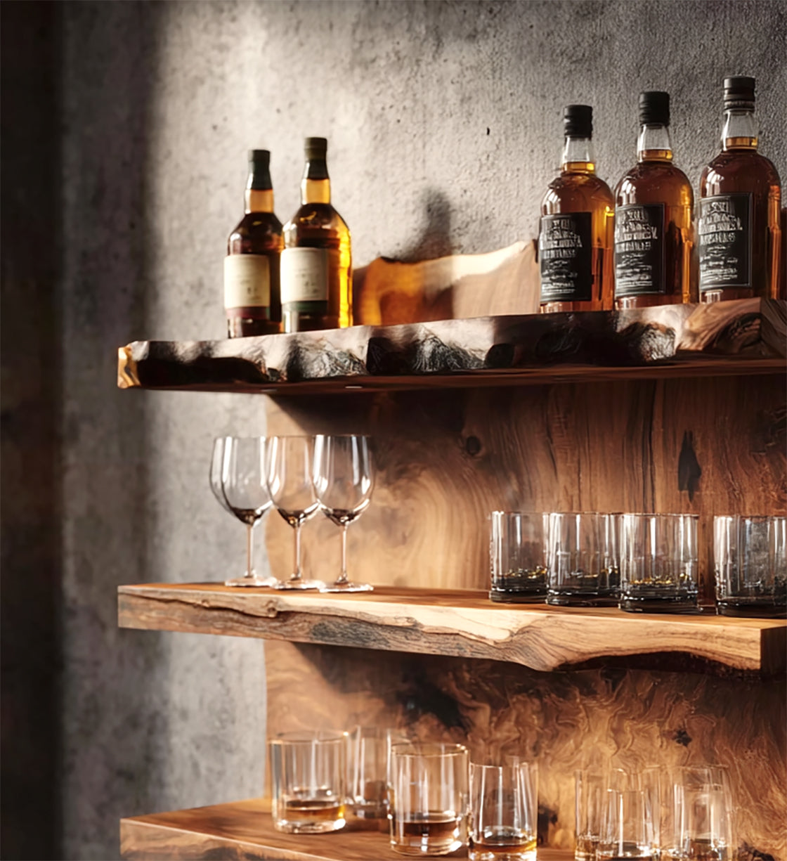 Live Edge Floating Bar Shelf – Handcrafted Solid Wood Wall Bar, Rustic Home Decor
