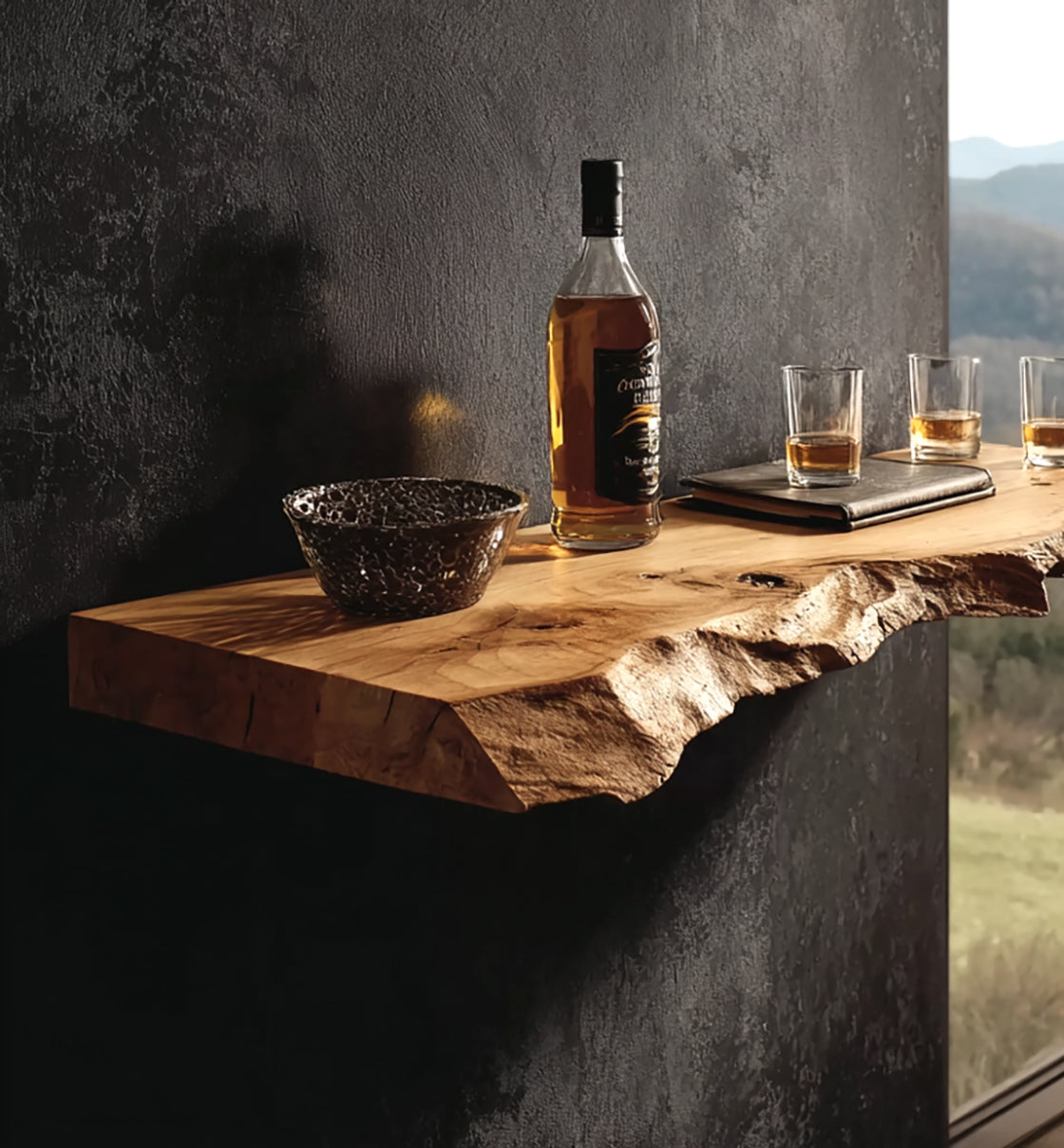 Handcrafted Live Edge Floating Bar Shelf – Rustic Solid Wood Wall Bar for Kitchen or Home