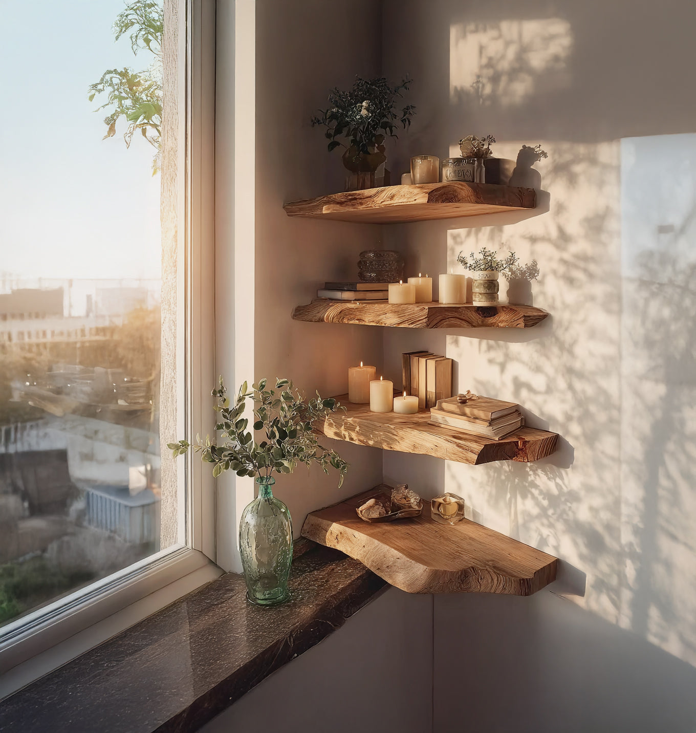 Handmade Wall Mounted Bracket Shelf – Farmhouse Live Edge Rustic Floating Corner Shelf