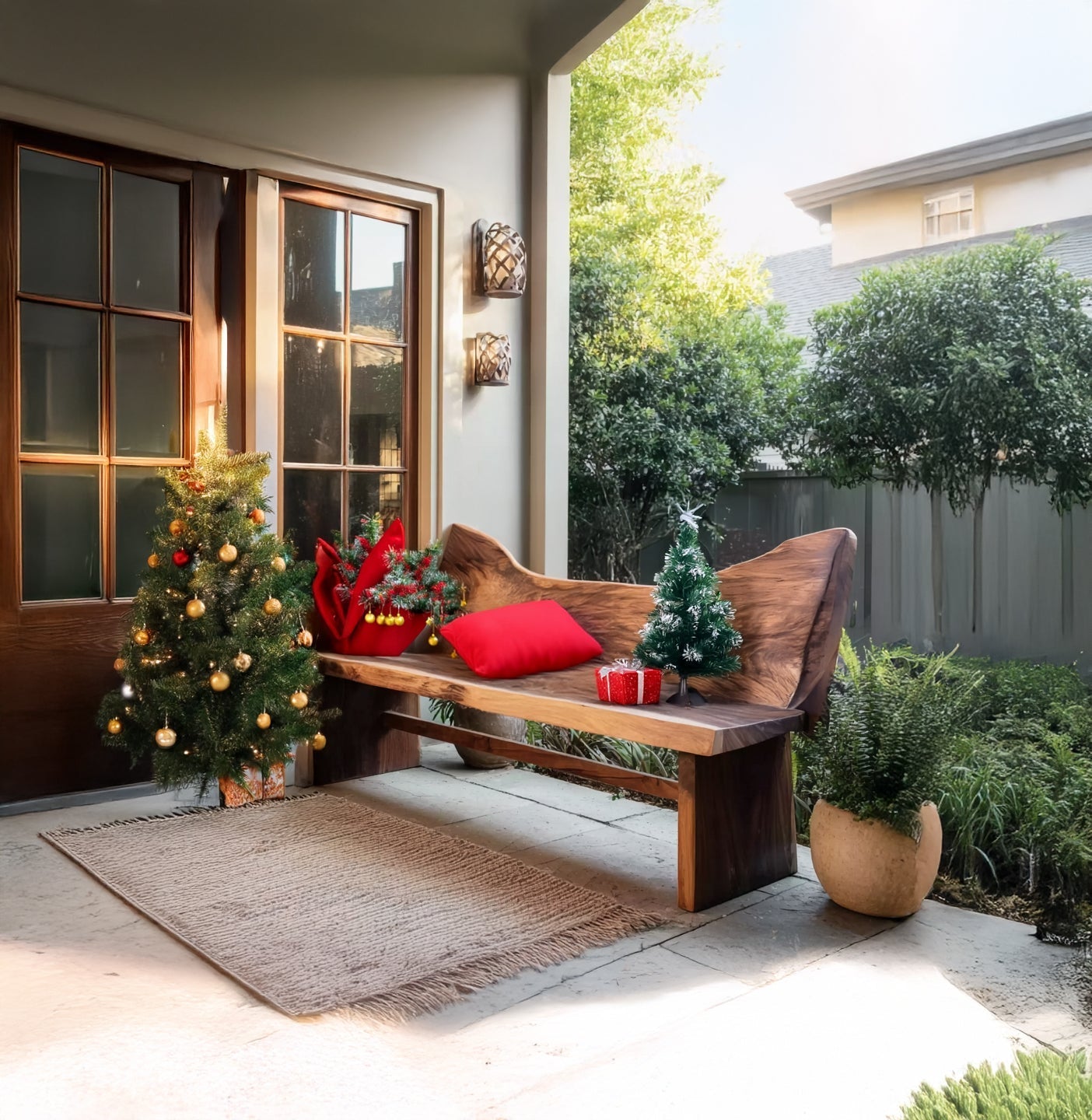 Rustic Handcrafted Outdoor Wooden Bench – Curved Backrest