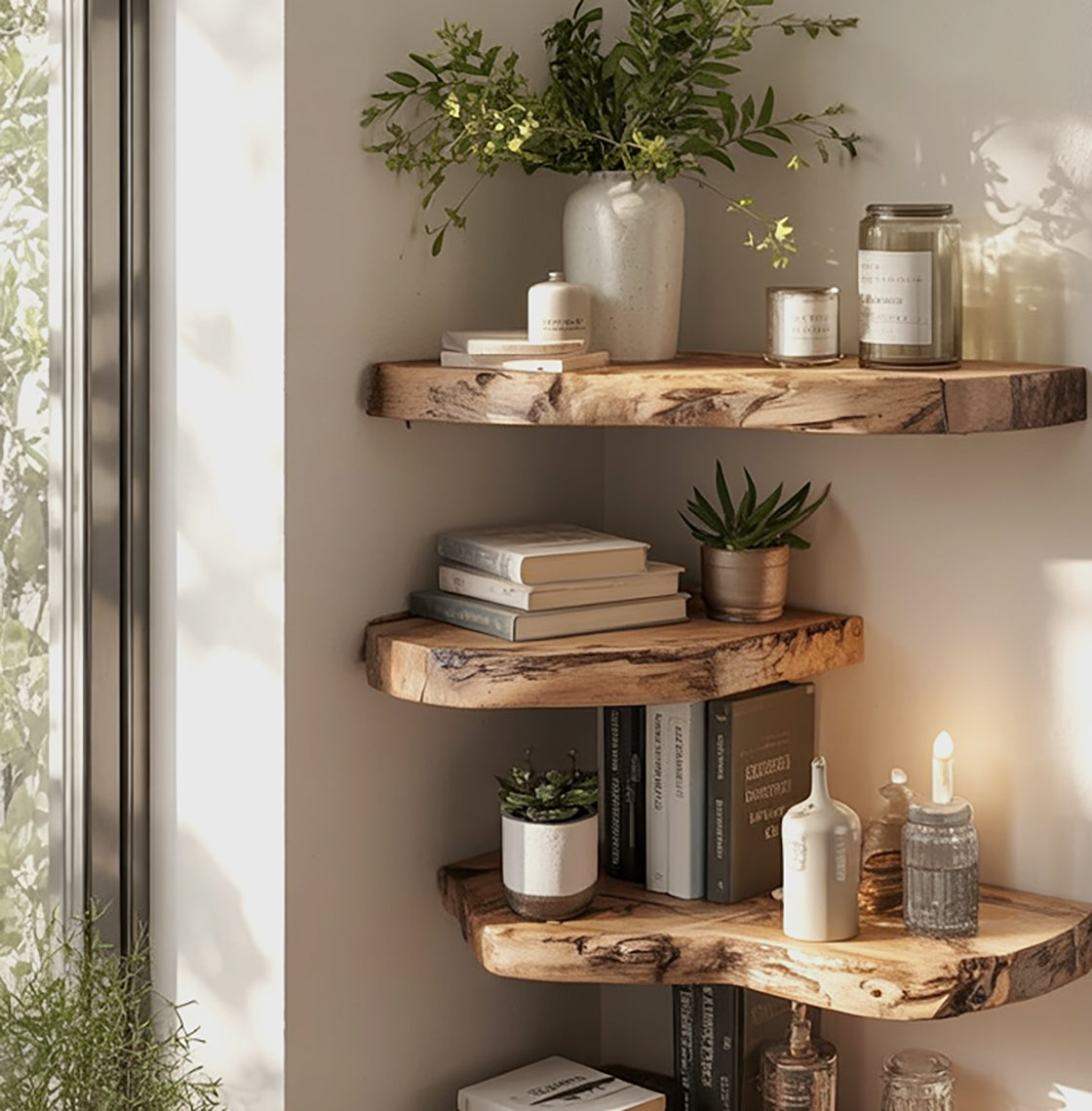 Rustic Live Edge Corner Shelves – Handmade Solid Wood Floating Wall Shelves