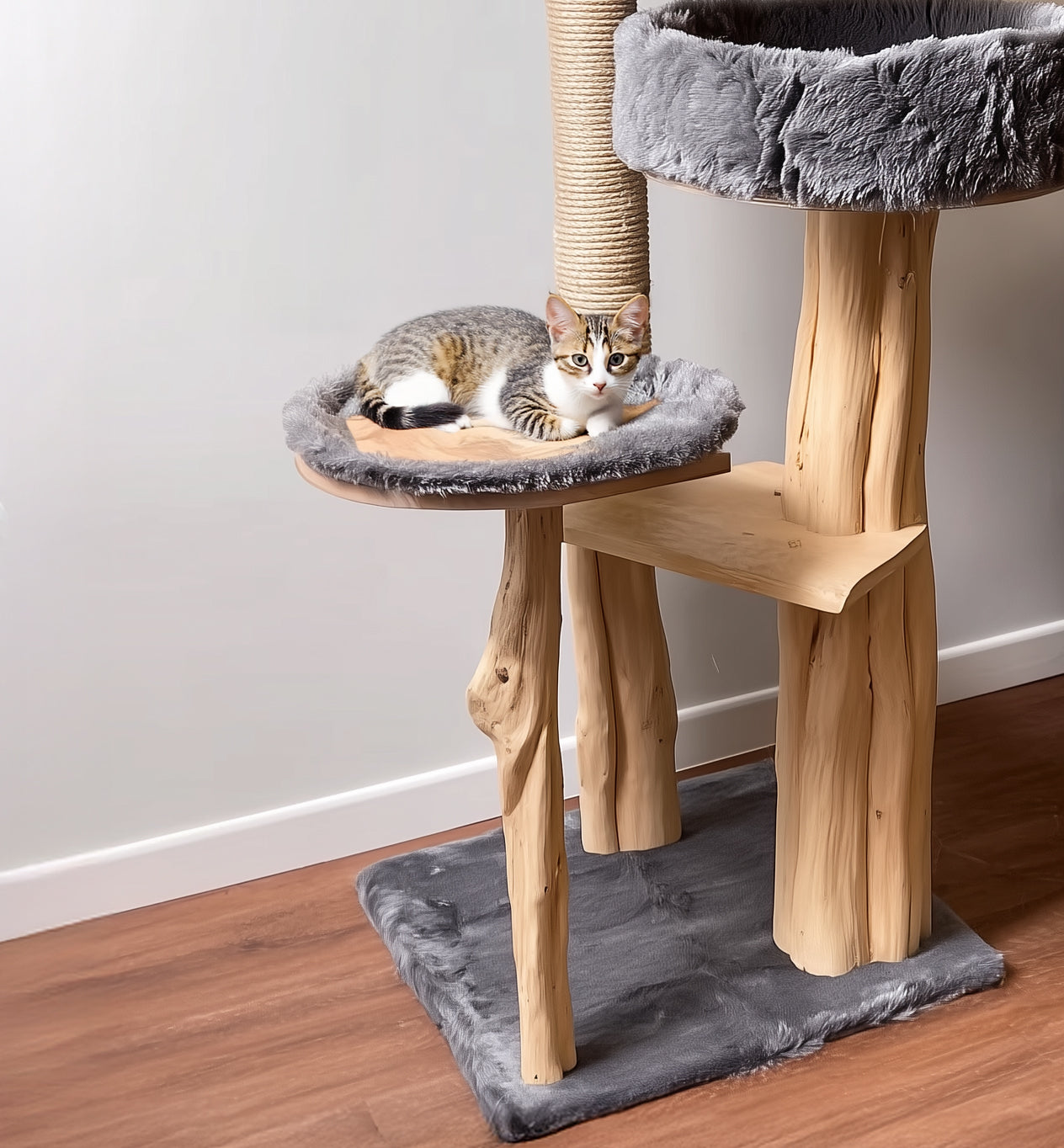 Rustic Wooden Cat Tree – Handmade Wall-Mount Climbing Tower Shelf, Unique Natural Cat Furniture