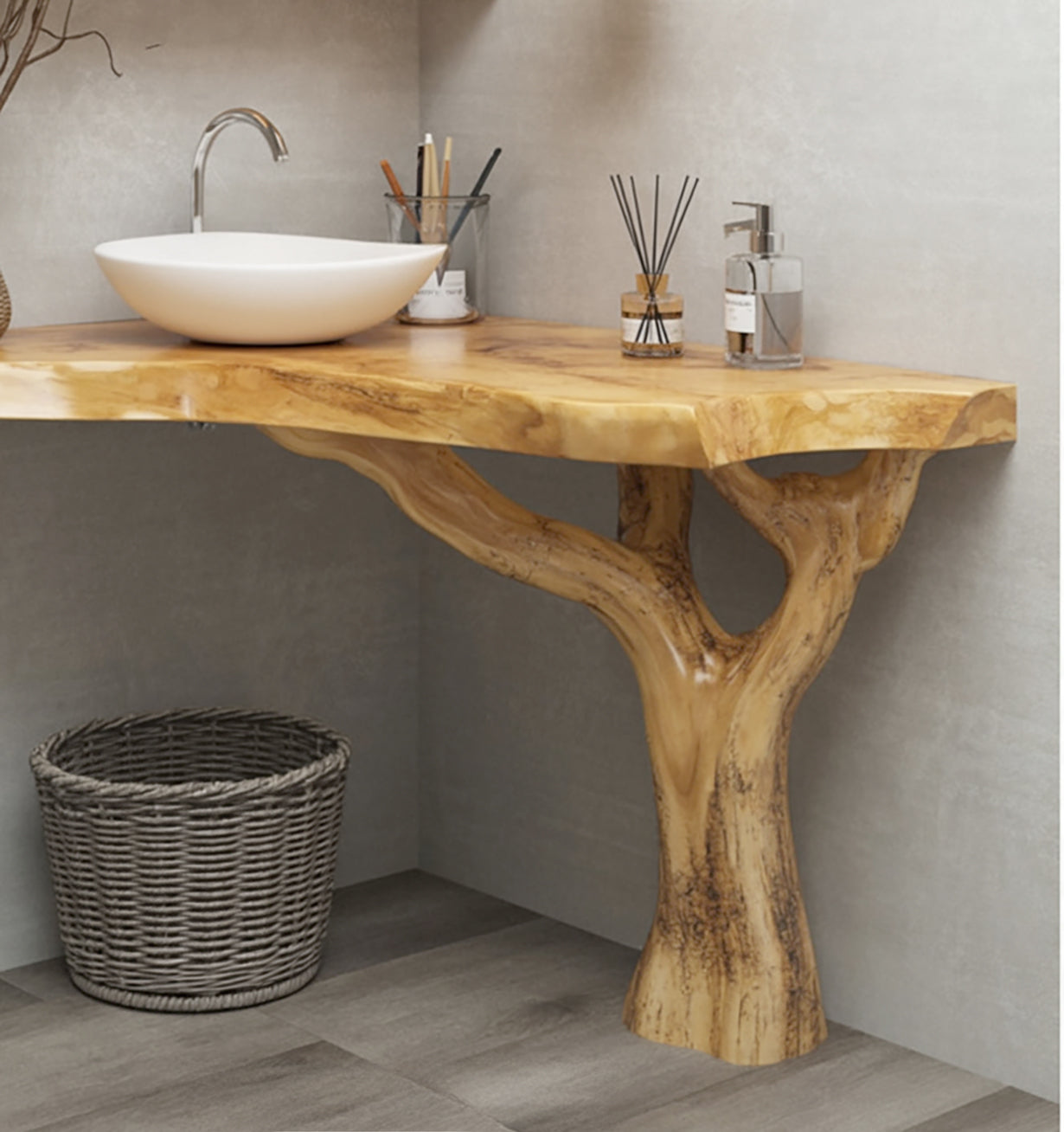 Live Edge Tree Trunk Bathroom Vanity – Solid Wood Corner Console with Branch Leg