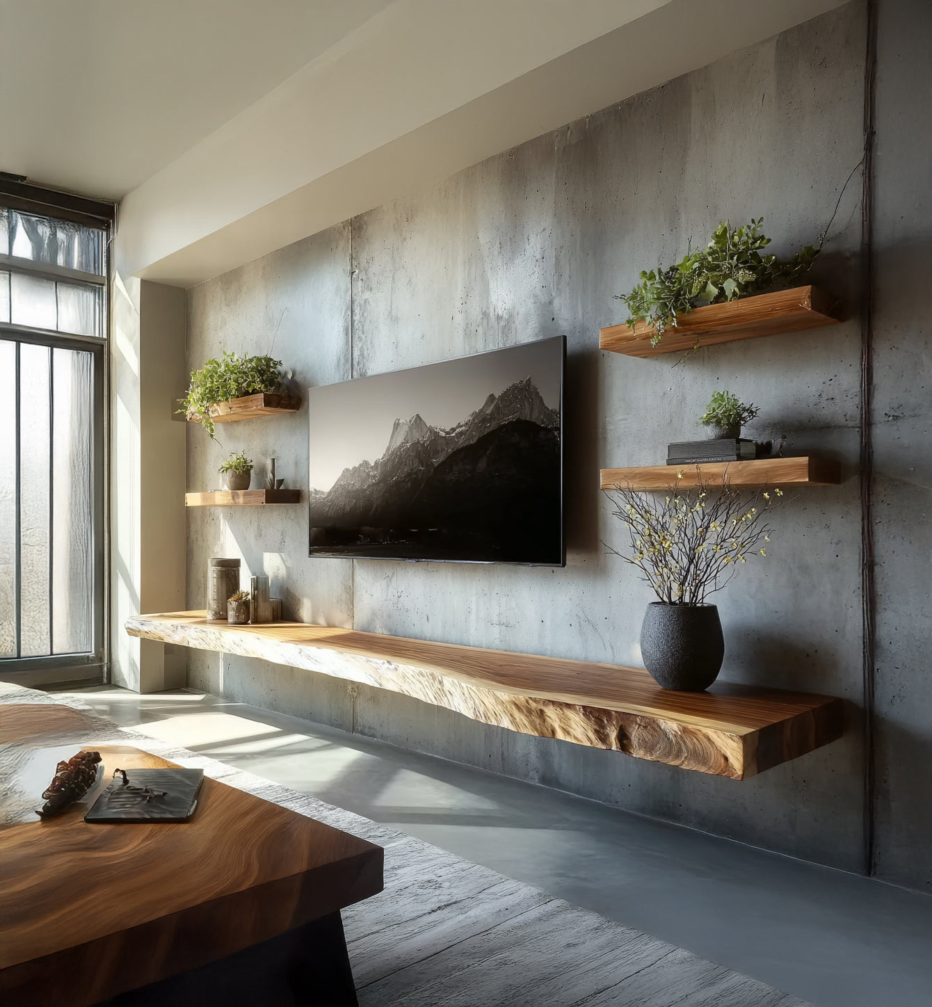 Live Edge Solid Wood Floating TV Stand – Handcrafted Media Console