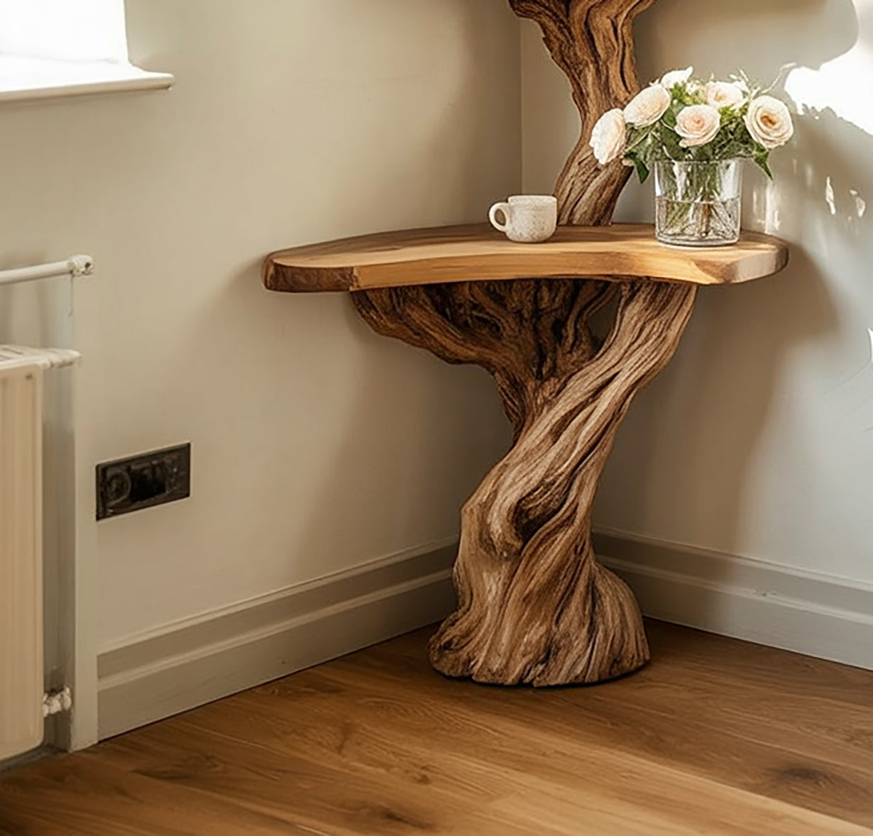 Corner Tree Console Table – Handcrafted Solid Wood Branch Shelf, Rustic Floating Plant Stand