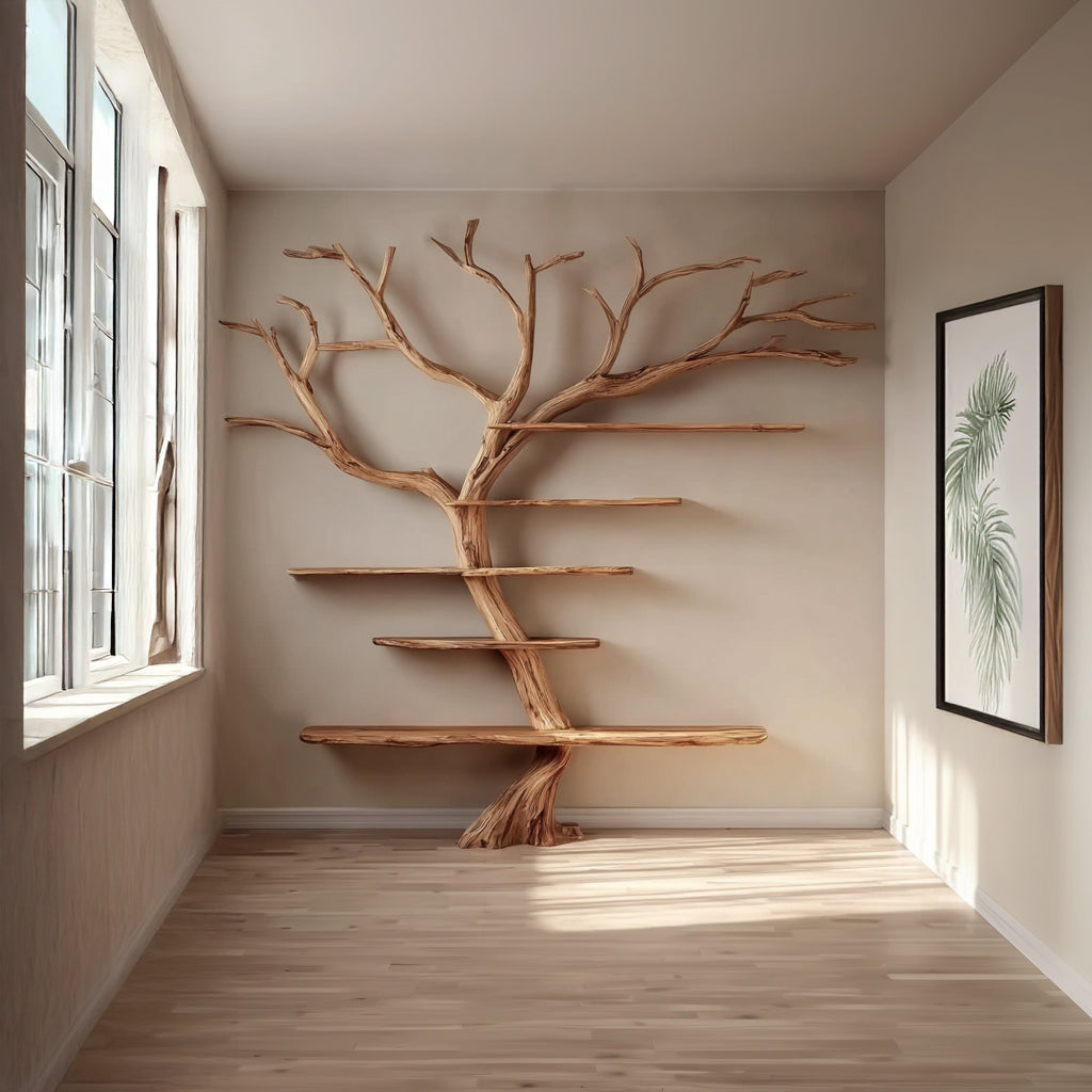 Solid Driftwood Wall Bookshelf – Rustic Tree Branch Floating Shelf Décor