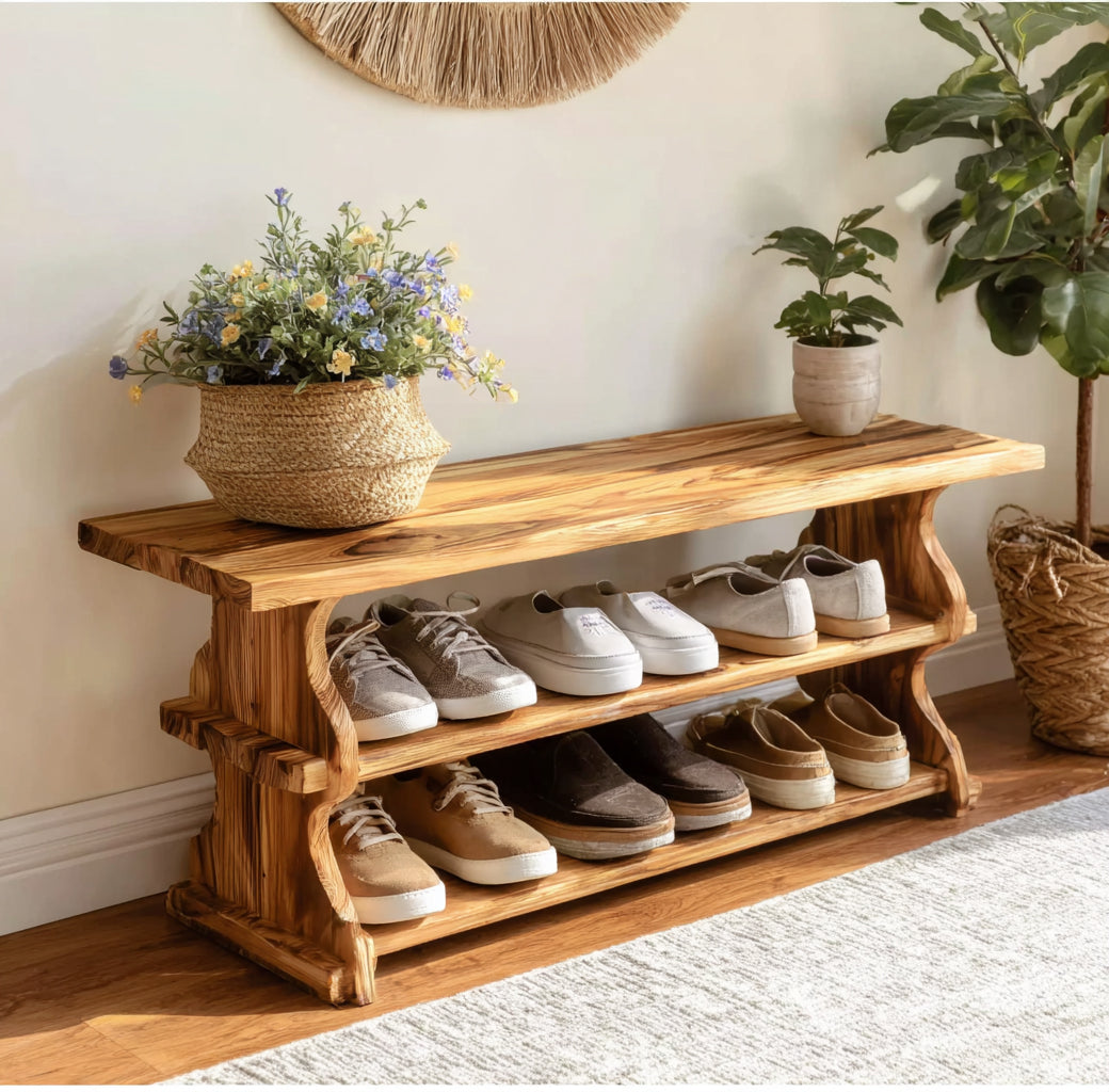 Handcrafted Solid Wood Shoe Bench – Rustic Entryway Shoe Rack with Natural Grain Shelves