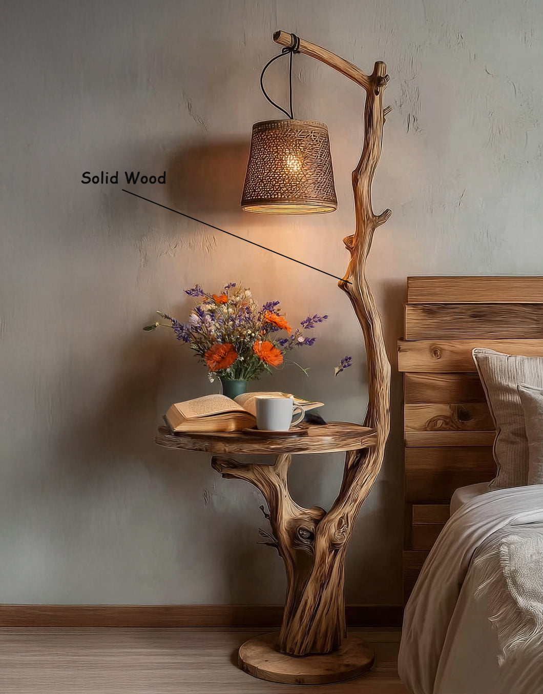 Rustic Driftwood Floor Lamp with Shelves – Handmade Wooden Standing Light