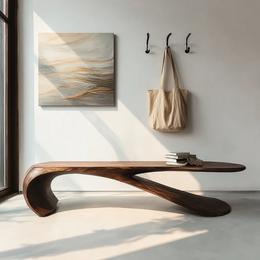 Handcrafted Sculptural Wood Bench – Modern Organic Curved Entryway Bench
