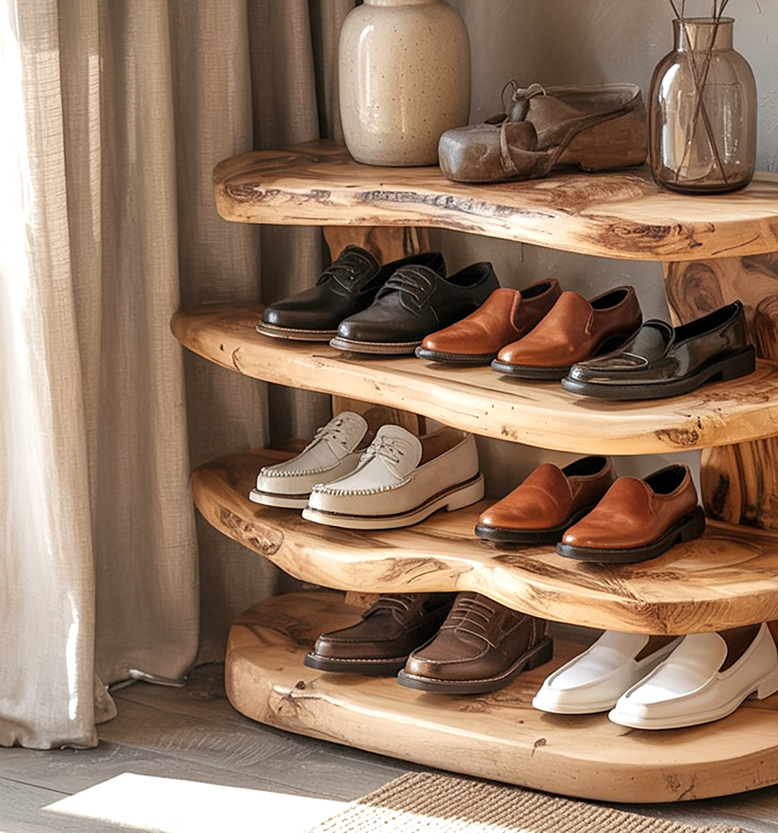 Handcrafted Live Edge Wooden Shoe Rack – Rustic Solid Wood Organizer