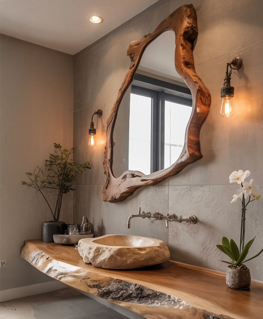 Asymmetrical Walnut Wooden Mirror – Irregular Decorative Wall Mirror for Entryway, Living Room or MCM Decor