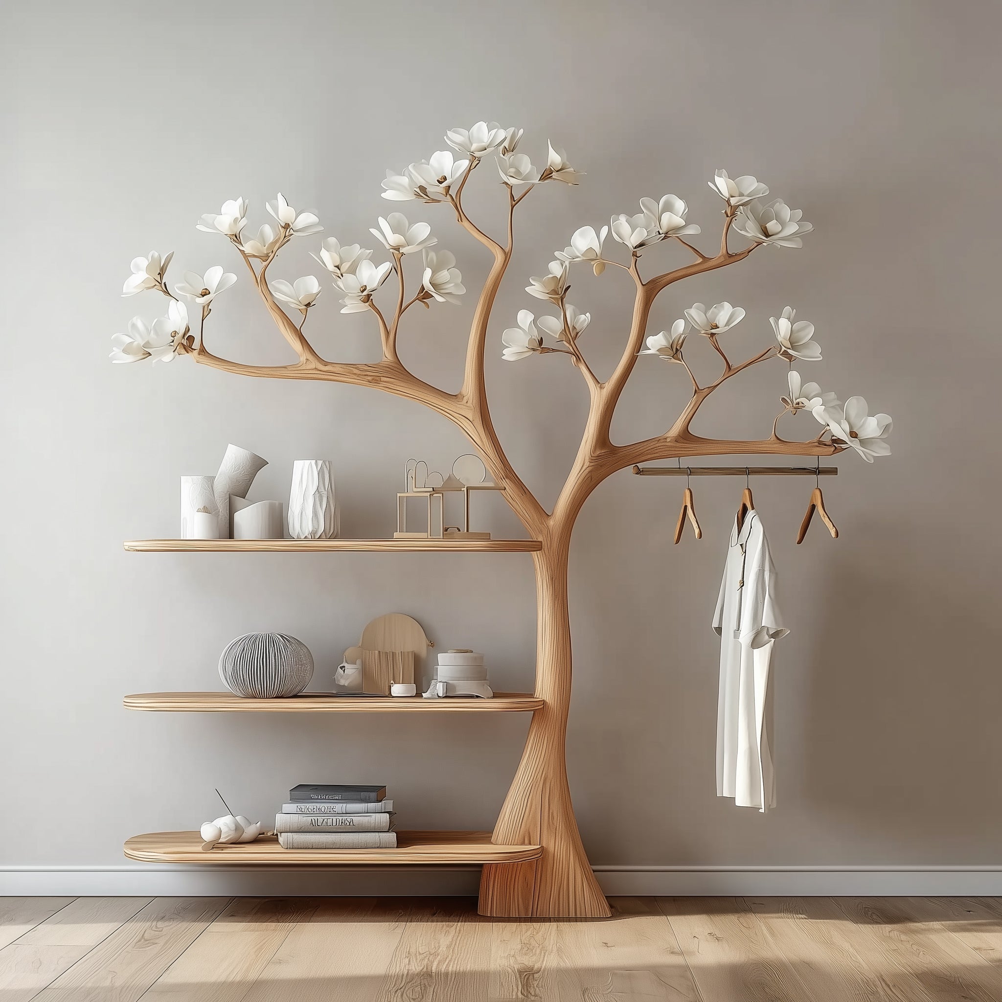 Rustic Tree Coat Rack – Wall Mounted Wooden Hanger with Floating Shelves, Vintage Tree Branch Shelf