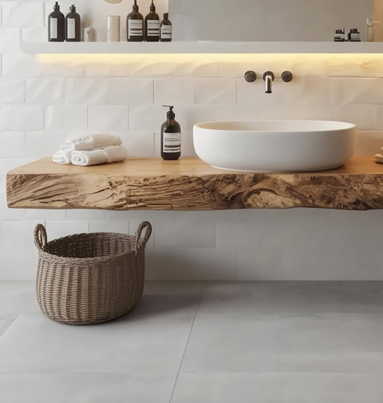 Organic Live Edge Solid Wood Floating Bathroom Vanity with Shelf