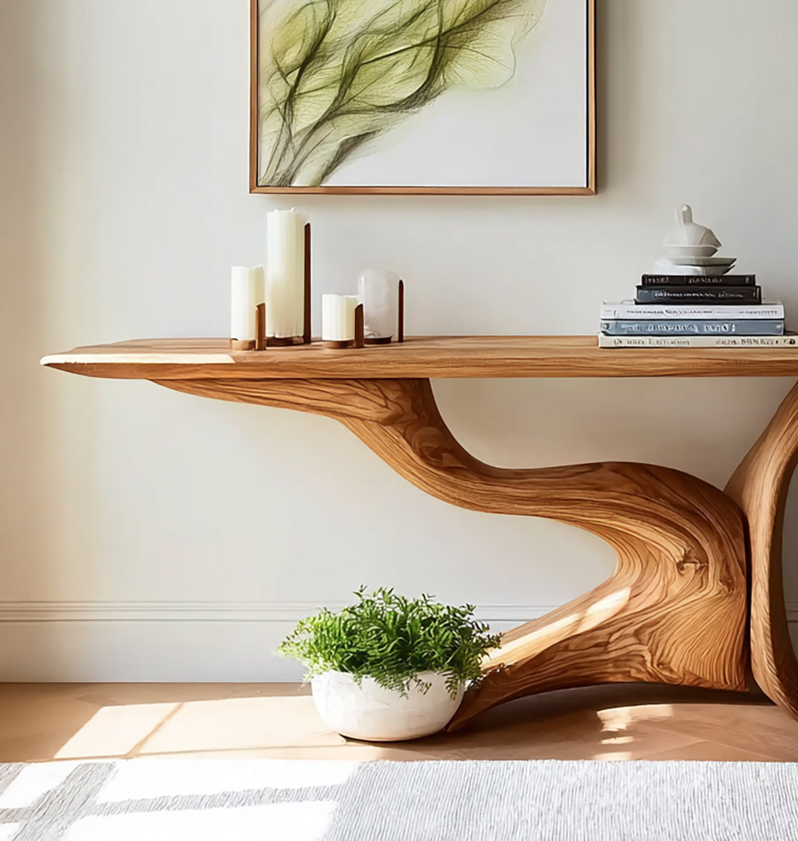 Live Edge Solid Wood Console Table – Handcrafted Entryway Table with Sculpted Base