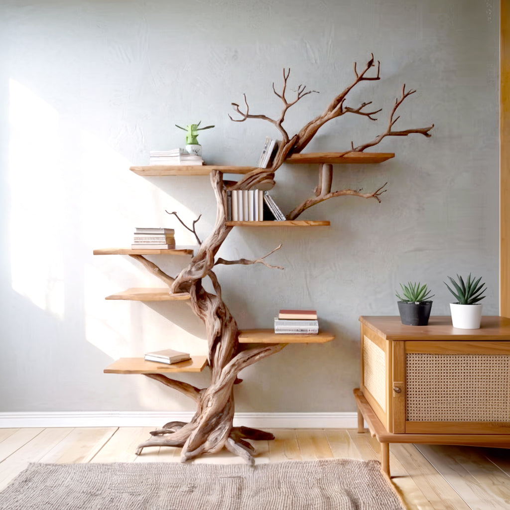 Rustic Mahogany Tree Bookshelf – Tall Wooden Storage Shelves for Living Room Decor