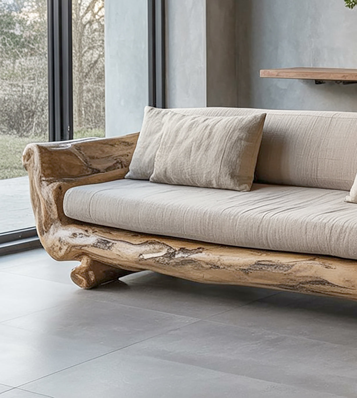 Handmade Solid Wood Sofa – Rustic Japanese Minimalist Floor Couch for Living Room
