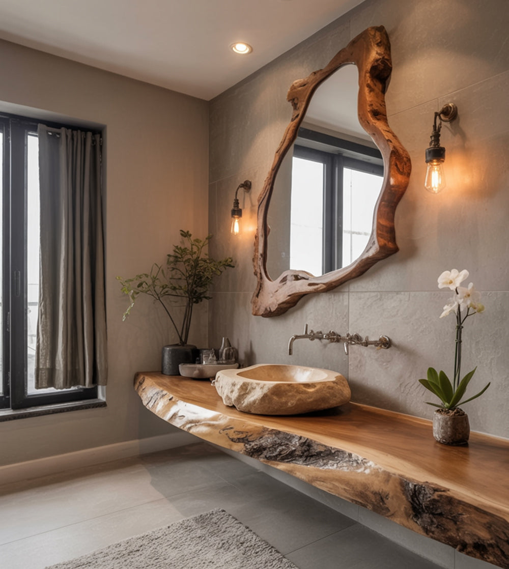 Asymmetrical Walnut Wooden Mirror – Irregular Decorative Wall Mirror for Entryway, Living Room or MCM Decor