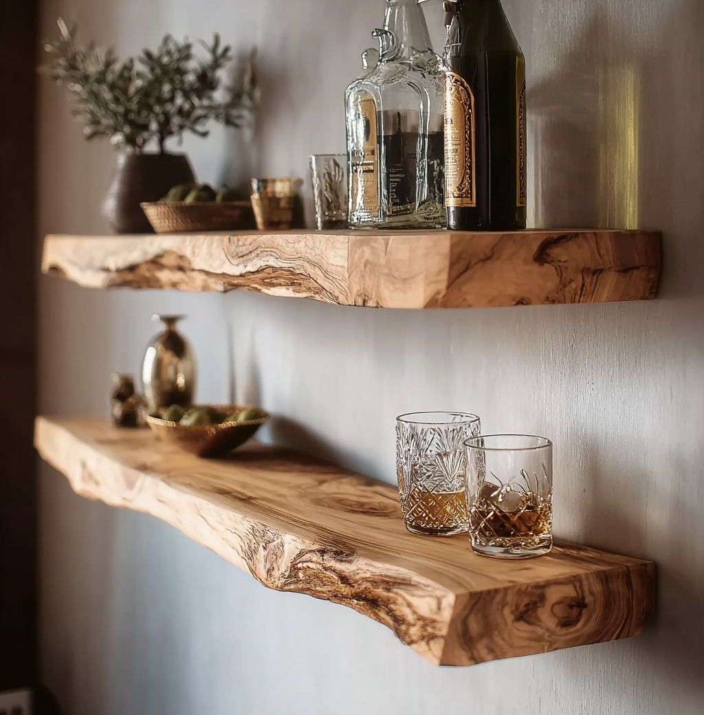Handmade Live Edge Wood Shelf – Floating Wall Shelves for Whiskey Bar, Kitchen, or Entryway