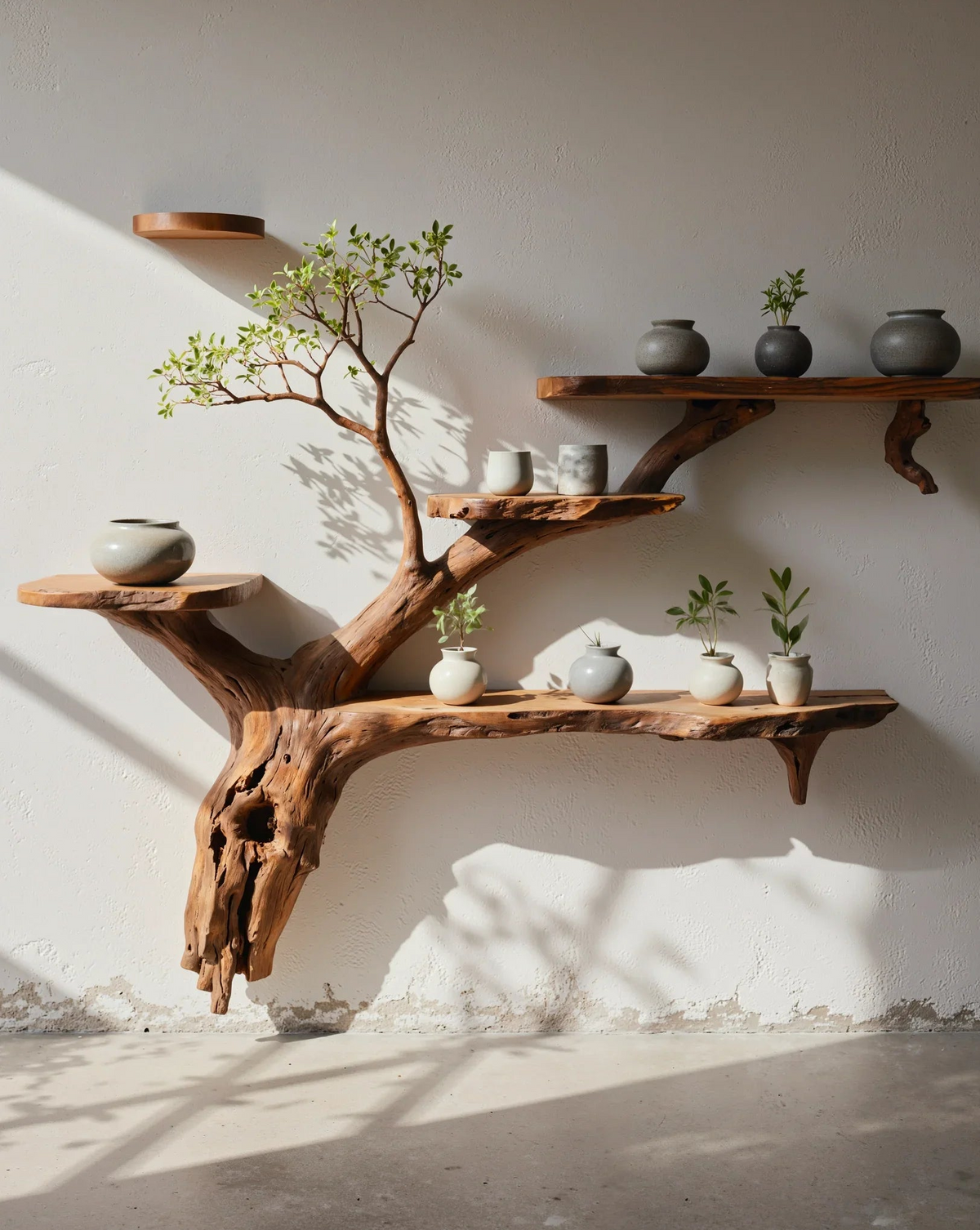 Live edge tree bookshelf with potted plants and pottery on a white wall, natural sunlight.
