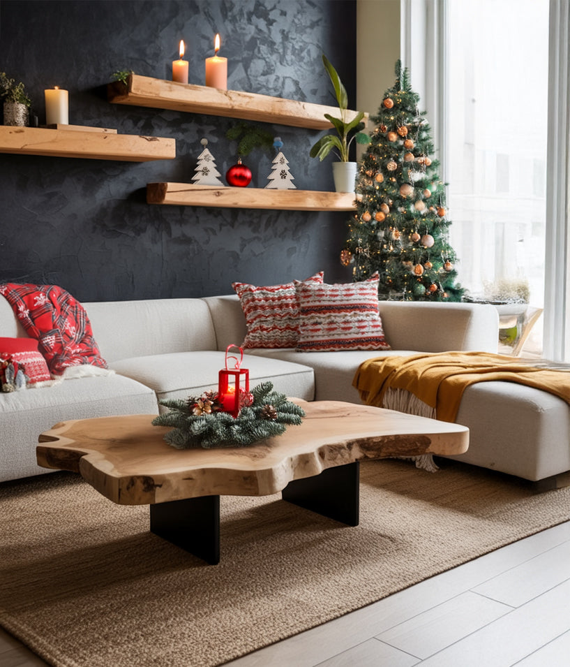 Rustic Live Edge Coffee Table – Handmade Wood Slab with Black Metal Legs