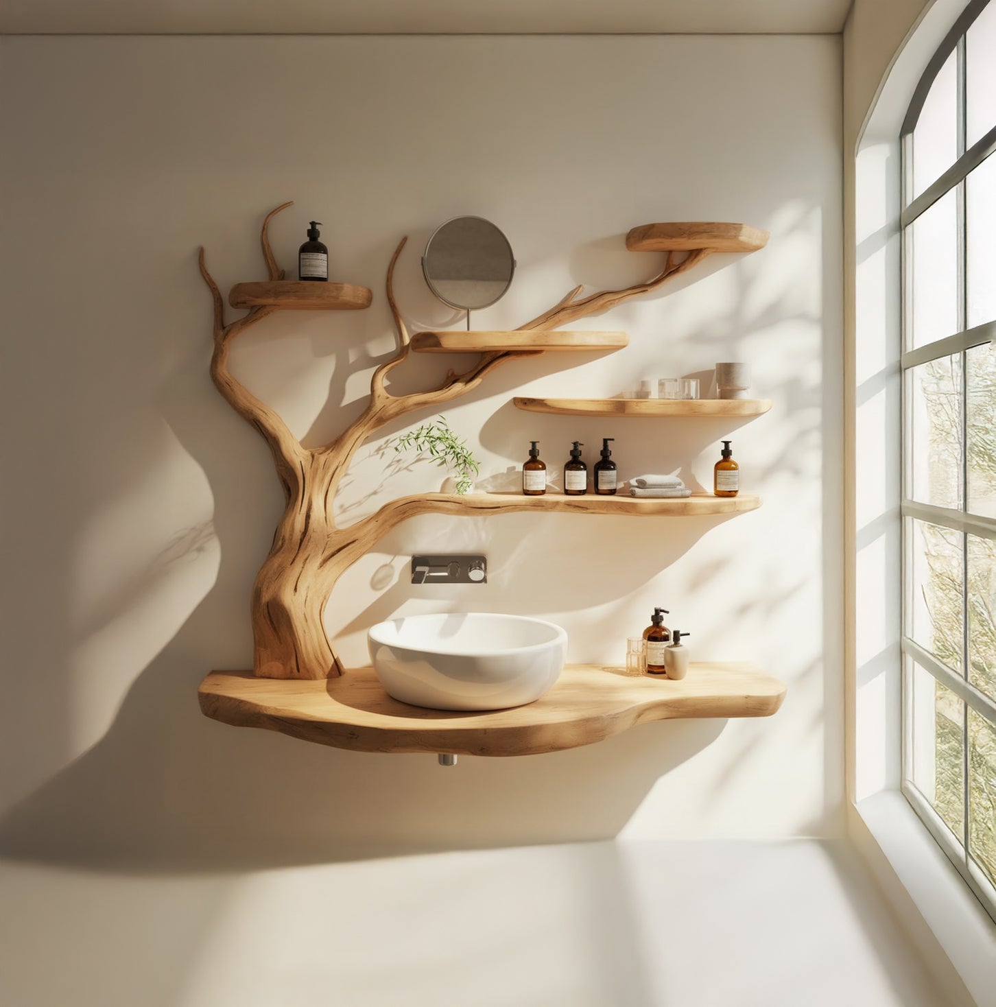 Live Edge Wood Bathroom Vanity with Tree Branch Shelves – Handmade Natural Sink Console