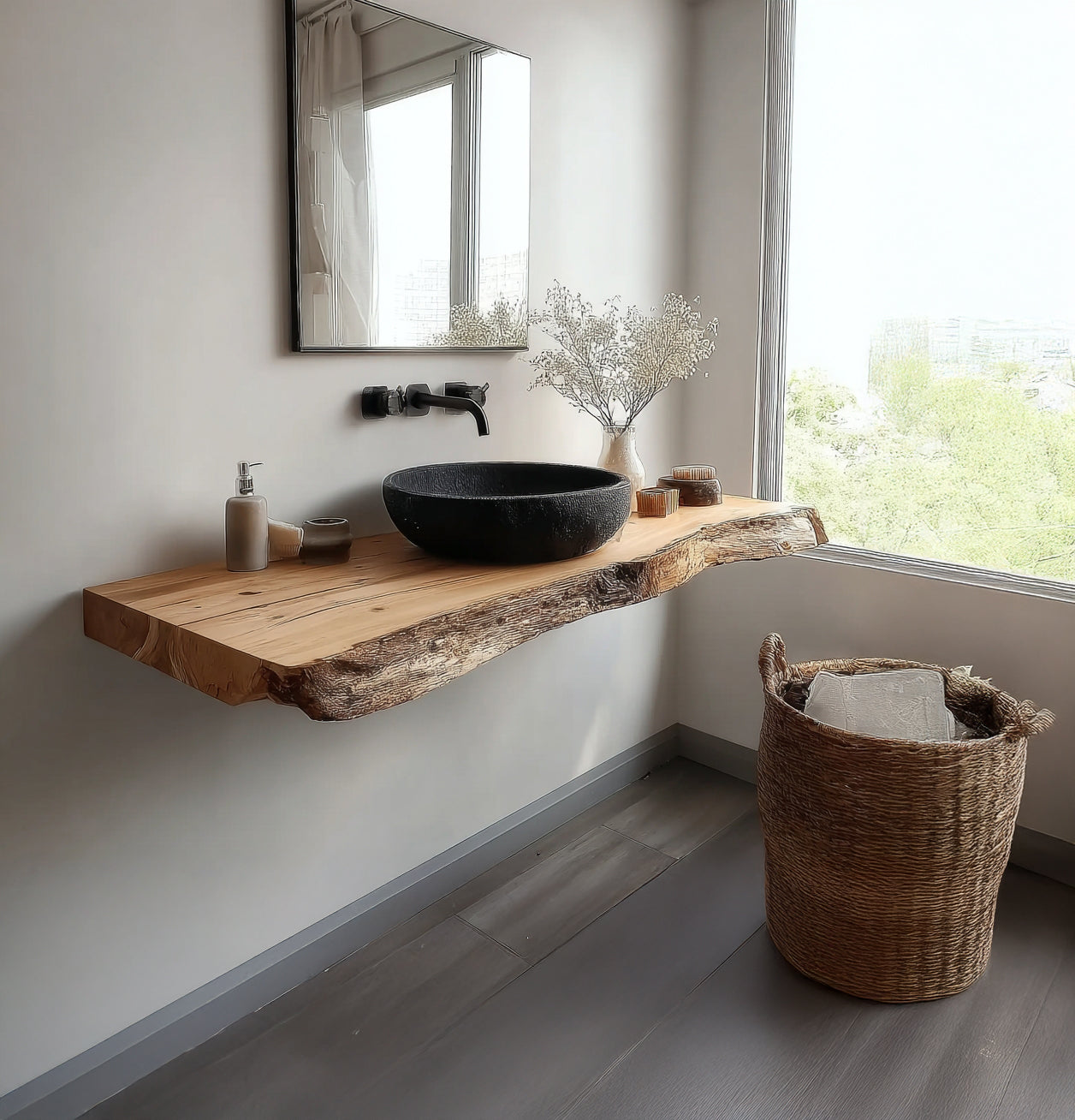 Handmade Live Edge Wood Bathroom Vanity – Rustic Solid Wood Sink Shelf