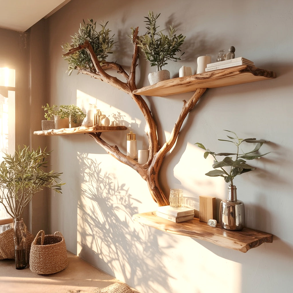 Handcrafted Tree Branch Wall Shelf – Live Edge Wooden Floating Shelf, Rustic Home Decor