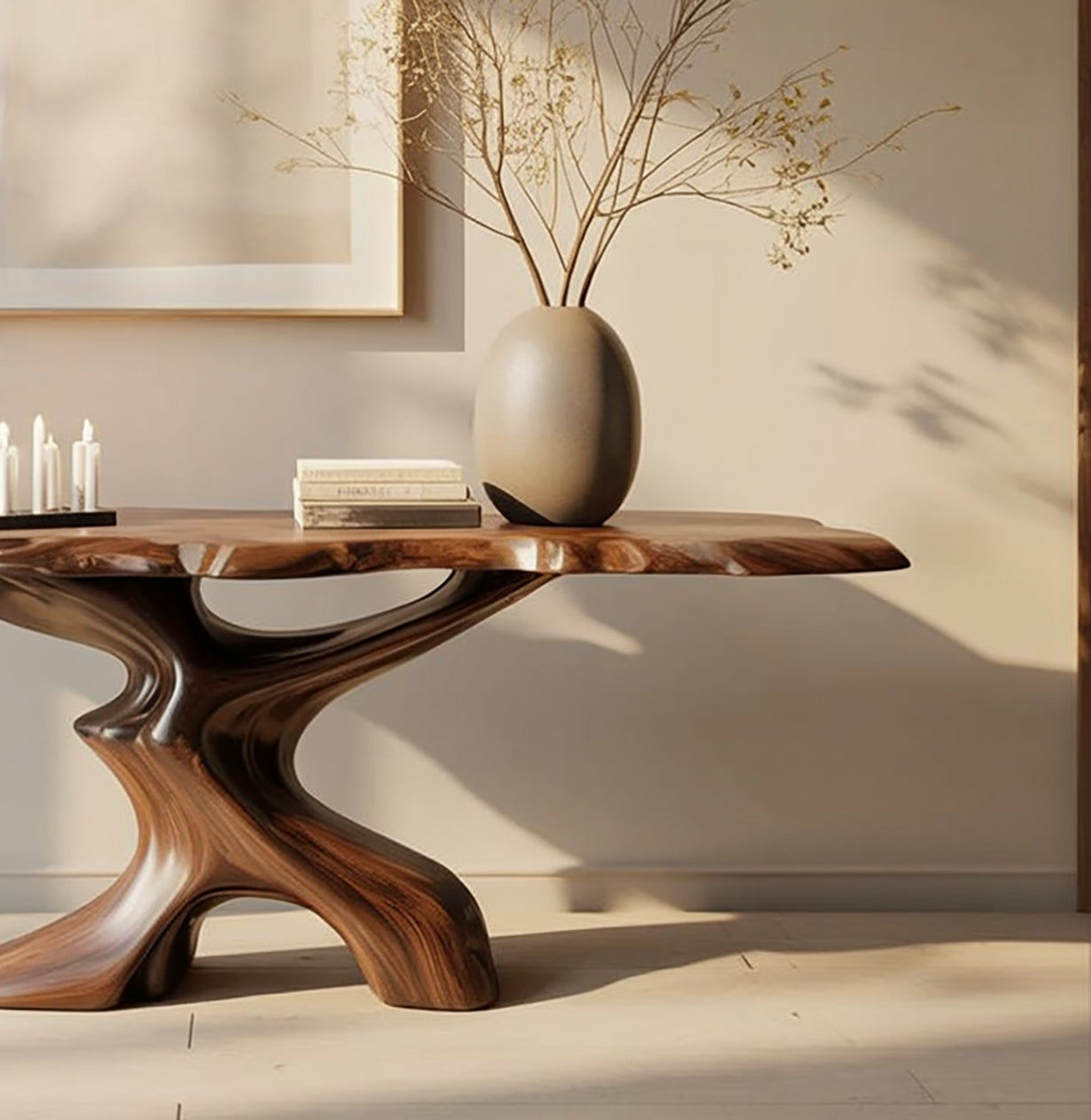 Modern wooden table with sculptural base, beige vase with dried branches, books, and candles in bright living room