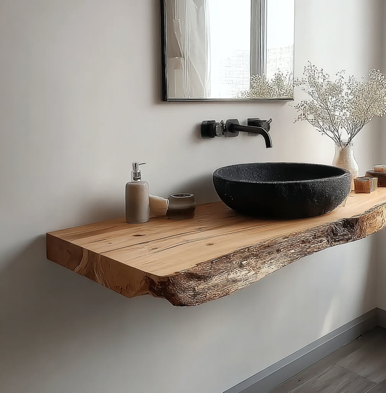Handmade Live Edge Wood Bathroom Vanity – Rustic Solid Wood Sink Shelf