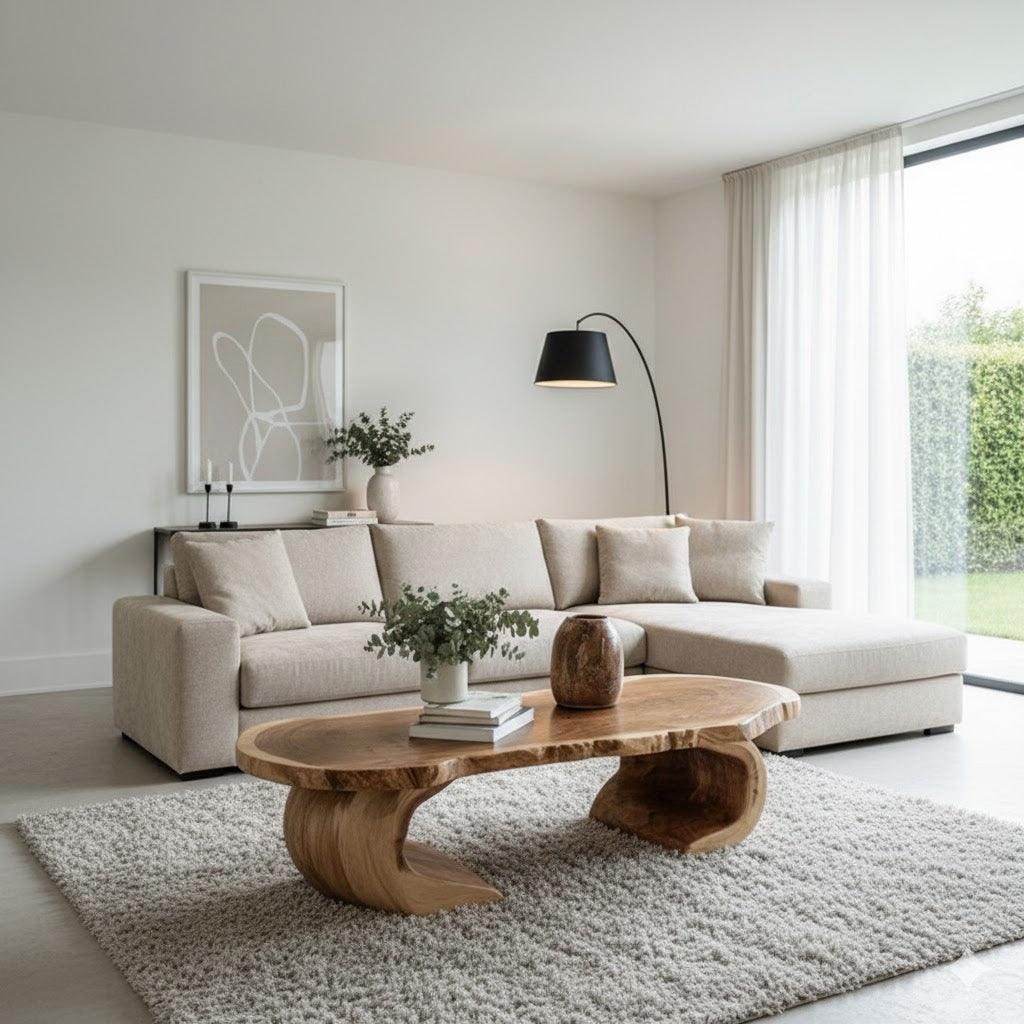 Rustic Handmade Wooden Coffee Table – Live Edge Solid Wood Farmhouse Trestle Table