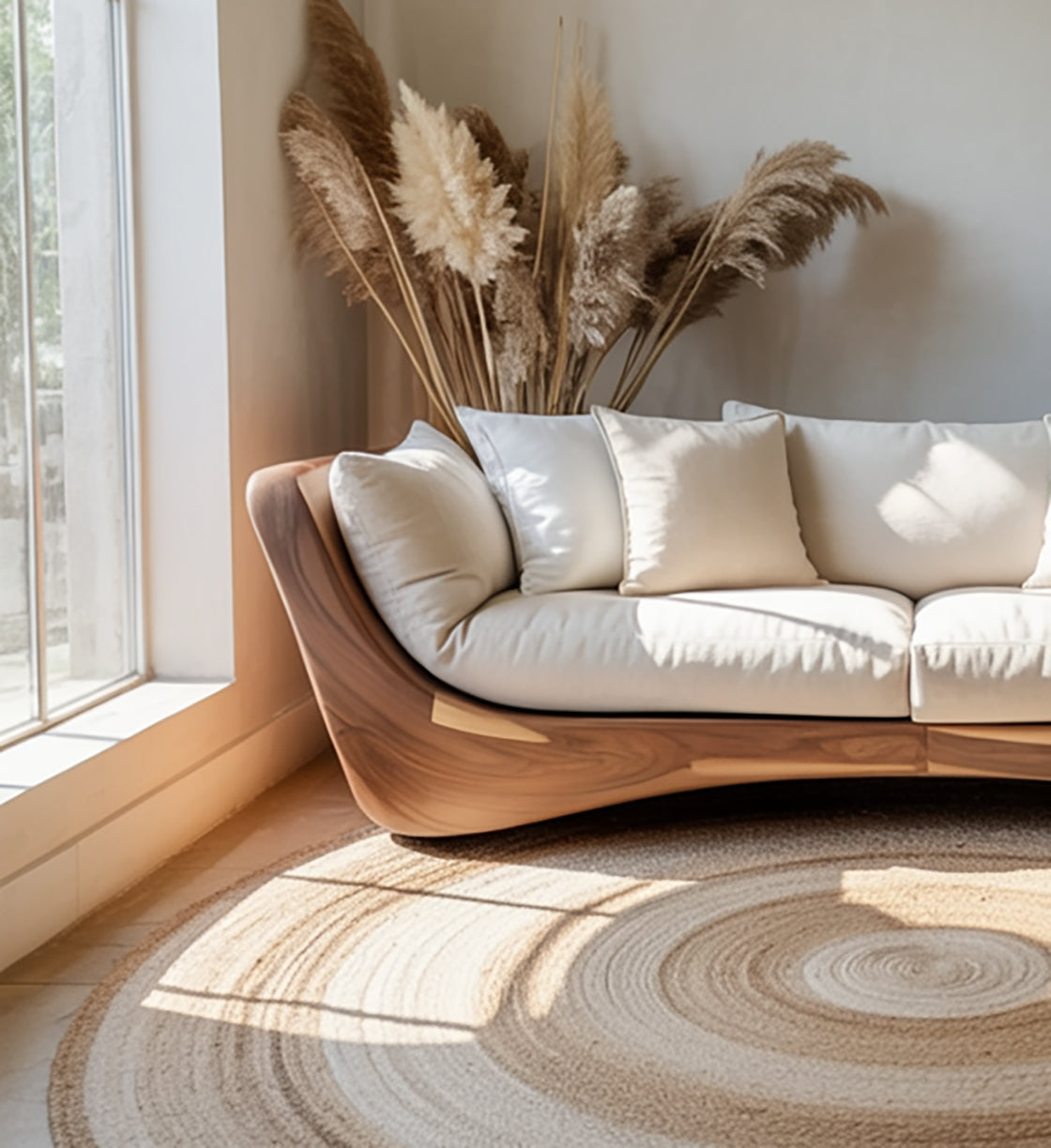 Modern Curved Wood Sofa – Handcrafted Solid Wood Frame for Living Room