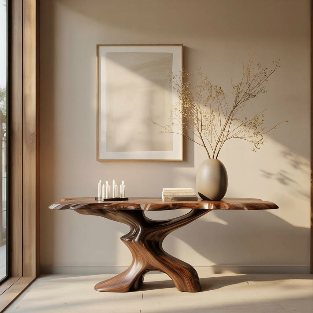 Modern wooden sculptural table with beige vase and dried branches, candles, and artwork in minimalist room